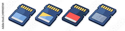 Collection of four digital storage SD cards with different colored labels on white background