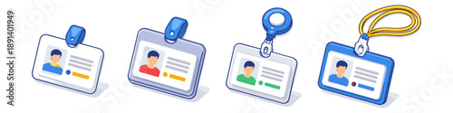 Collection of four different identification badges with photos and lanyards