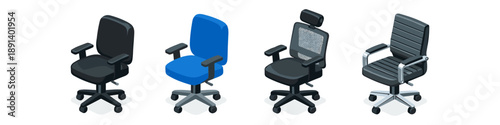Collection of four modern office chairs in isometric view on a white background