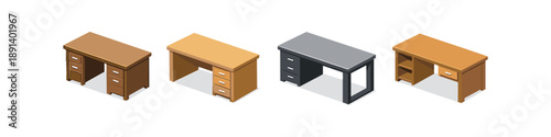 Collection of four isometric desks with drawers and shelves on a white background
