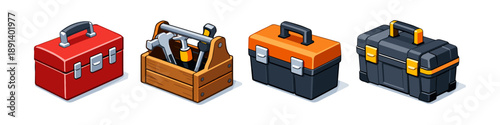 Collection of four diverse toolbox illustrations in isometric perspective
