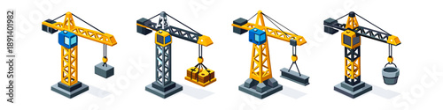 Set of four isometric construction tower cranes lifting different loads on white background