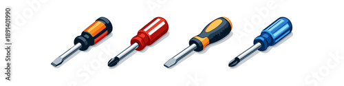 Collection of four colorful screwdrivers with different tips and handles on a white background