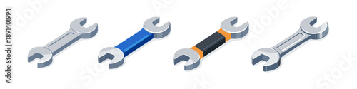 Set of four isometric wrenches with different colored handles on a white background