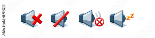 Set of four speaker icons representing different sound modes: muted, silent, low volume, and sleep mode