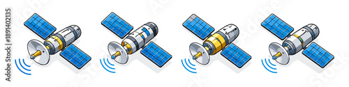 Set of four isometric satellites with solar panels and signal waves, isolated on white
