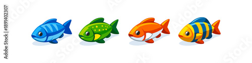 Four colorful cartoon fish swimming in a line, isolated on white background