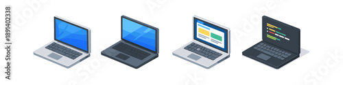 Four isometric laptops displayed in a row, showcasing different screen content and colors