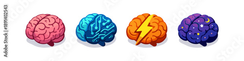 Four stylized brains representing different concepts: biology, technology, energy, and dreams
