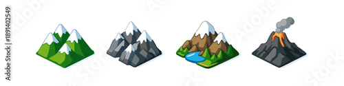 Collection of isometric mountains and volcano illustrations with snow and water elements