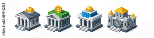Collection of isometric bank buildings with different architectural styles and features