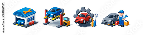 Set of isometric icons representing car repair services and auto maintenance