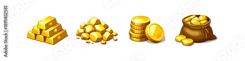 Collection of gold bars, nuggets, coins, and a money bag illustration