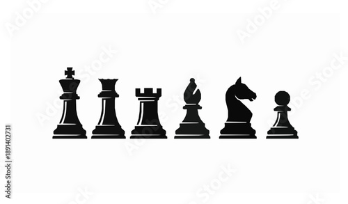 Black chess piece silhouette icon set with king queen rook bishop knight and pawn on white background