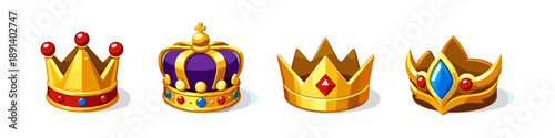 Collection of four distinct golden crowns with colorful jewels and ornate designs