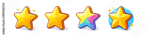 Collection of shiny golden stars with different designs and effects for game achievements