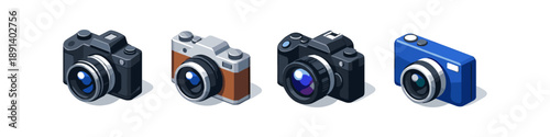 Collection of four isometric digital cameras in different colors and styles