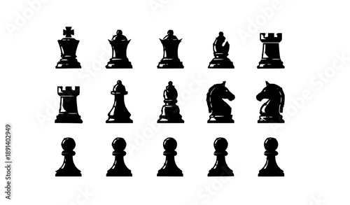 chess set vectorStylized black chess piece icons in grid layout with king queen rook bishop knight and pawn