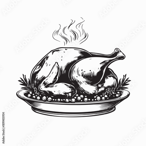 Platter of cooked turkey with garnish on white background