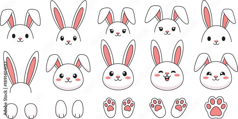 Obraz premium Adorable cartoon white rabbit heads and paws set with various expressions, perfect for Easter and children's designs.