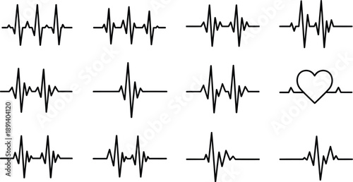 Diverse collection of black heartbeat lines and pulse rhythms, including a heart symbol, on a clean white background, symbolizing health.