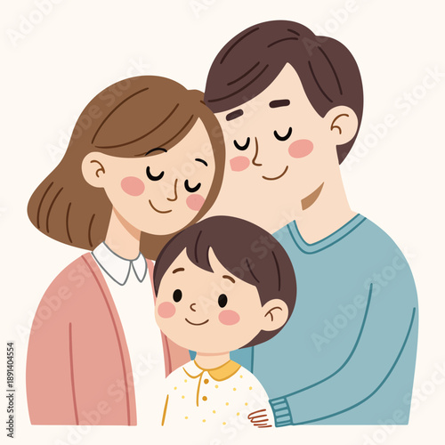 A heartwarming illustration capturing the loving embrace of a happy family, consisting of parents and their young child, symbolizing unity and togetherness