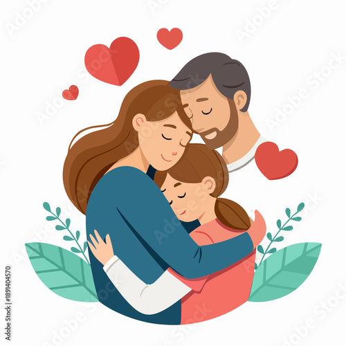 Happy family parents hugging their daughter with love, warmth, and care, showcasing a strong family bond and joyous connection