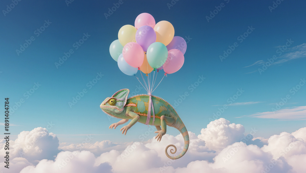 Fototapeta A whimsical chameleon floats through the sky tied to a bunch of colorful pastel balloons above soft white clouds, blending fantasy and fun.