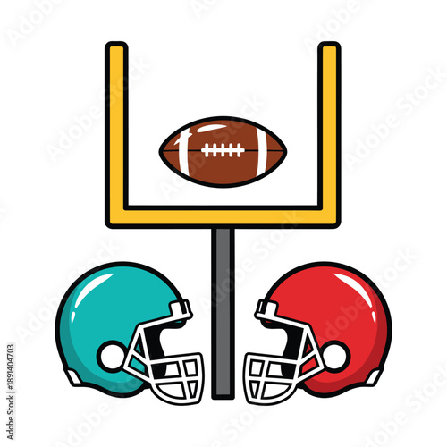 American football goal post with two helmets and a ball