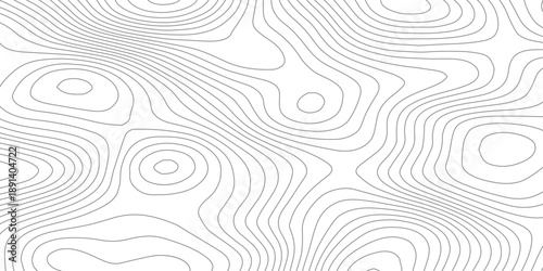 Abstract geographic contour map with white wave paper reliefs and flowing black contour lines, forming an organic terrain elevation pattern in minimalist black and white vector line art.