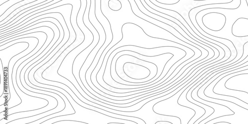 Minimal black and white topography map background with curved paper relief waves and flowing contour lines, illustrating abstract terrain elevation in a clean modern vector design.