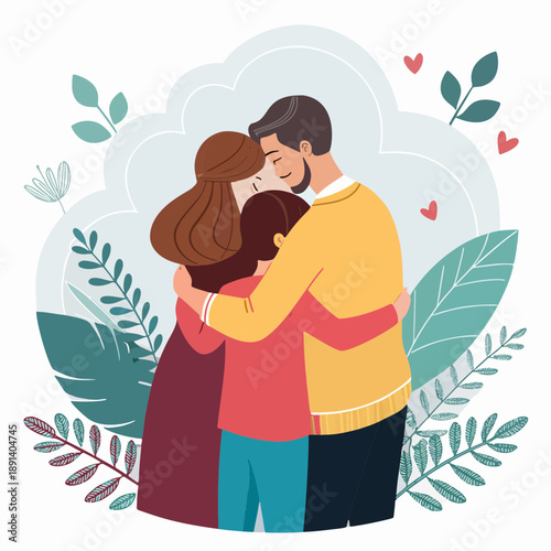 A warm family hug with parents embracing their child, surrounded by lush foliage and soft clouds, symbolizing love and togetherness in a serene setting