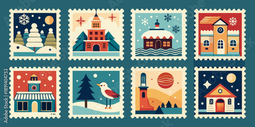 charming winter scenery stamps with houses, trees, and birds, perfect for lettering, journaling, and stickers