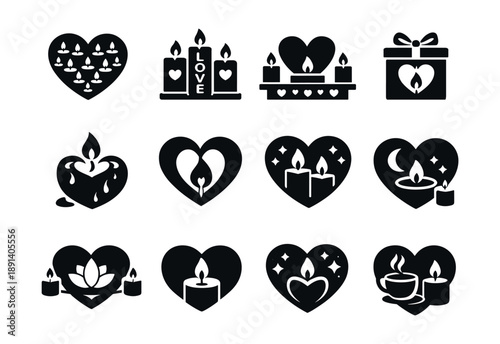 Hearts and candles creative icon set