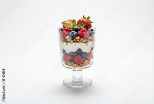 Captivating dessert layers of creamy yogurt garnished with fresh strawberries blueberries and crunchy granola in a clear glass dish showcasing vibrant textures and mouthwatering aesthetics