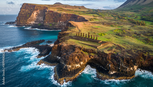 Easter Island with Moai Statues from Aerial view