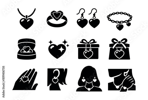 Jewelry and Hearts Silhouette Icons Set