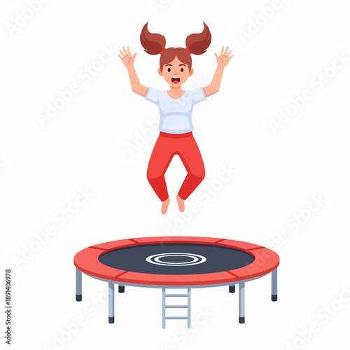 A happy cartoon girl with pigtails jumping high on a red and black trampoline, enjoying leisure time and physical activity.