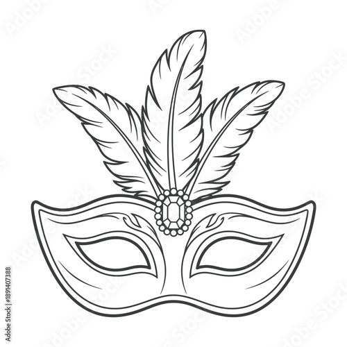 Black and white outline drawing of a venetian masquerade mask with three feathers and a central jewel