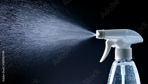 Spray Bottle Spritzing Water Against A Dark Background