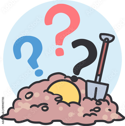 Buried Truth Concept with Question Marks Vector. a mysterious hidden object buried in the ground with a shovel beside it, symbolizing curiosity, mystery, searching for answers, or hidden secrets
