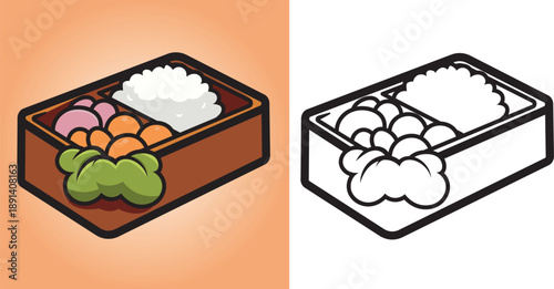 Cute bento box coloring page for kids with rice, vegetables, and side dishes. Simple cartoon line art with bold outlines. Main object and background are separated.