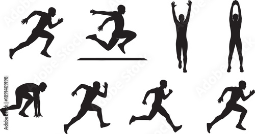 Set of 8 running and jumping human silhouettes vector isolated PNG with Transparent Background