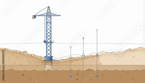 Cross-section view of a construction site with a large crane excavating deep into the earth, alongside smaller ground-embedded structures.