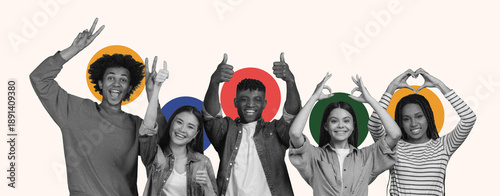 Fotografi Five friends gather and express happiness through hand gestures