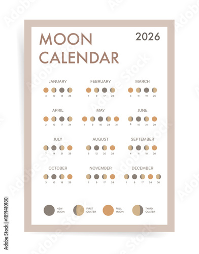 Clean white 2026 moon calendar with lunar phases. Modern one page lunar calendar layout for science reference, astrology planning and celestial time tracking.
