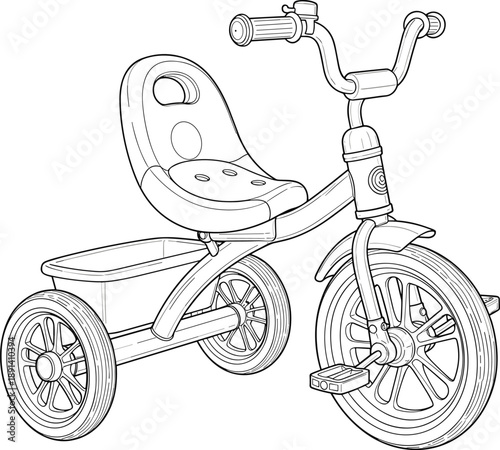 Kids tricycle line art illustration, children’s three wheel bike with seat and pedals, black and white outline drawing isolated