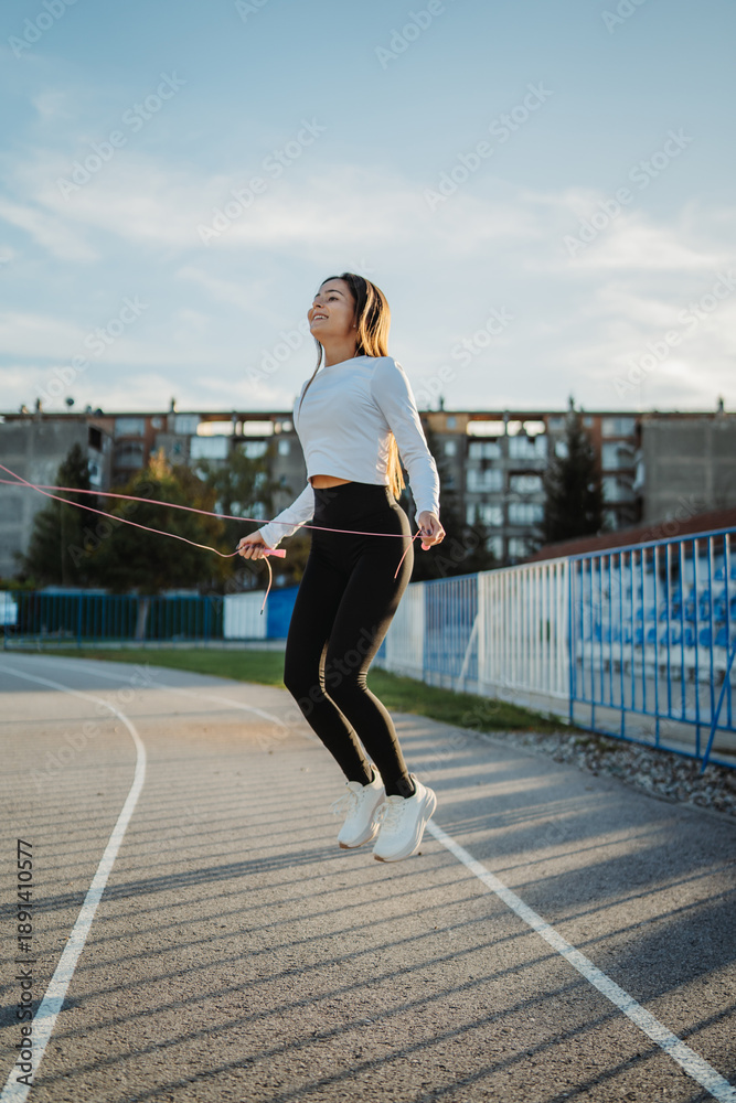 Obraz premium Young woman jumping rope doing fitness workout training