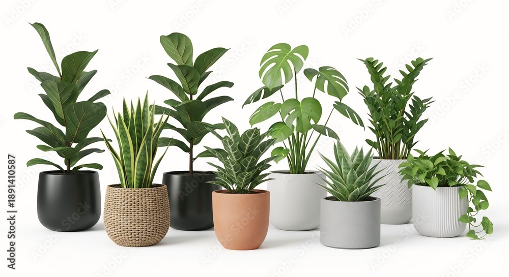 Fototapeta premium Collection of various potted houseplants including snake plant and monstera in modern minimalist pots isolated on white background for interior design