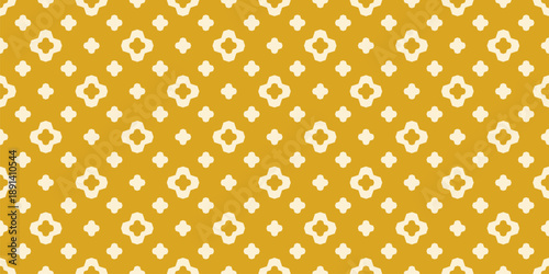 Simple vector seamless pattern. Vintage floral geometric texture with flower silhouettes, cross shapes, stars. Minimalist abstract graphic background. Mustard yellow color ornament. Repeating design